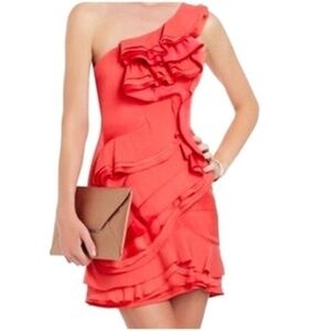BCBGMaxAzria Jonesy One Shoulder Mini Ruffle Cocktail Party Dress Coral Size 6